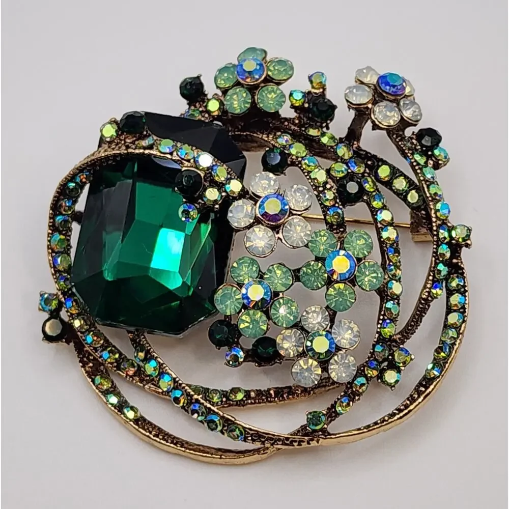 Stunning Abstract Floral Brooch Green Faux Jewel & Rhinestone Flowers Retro